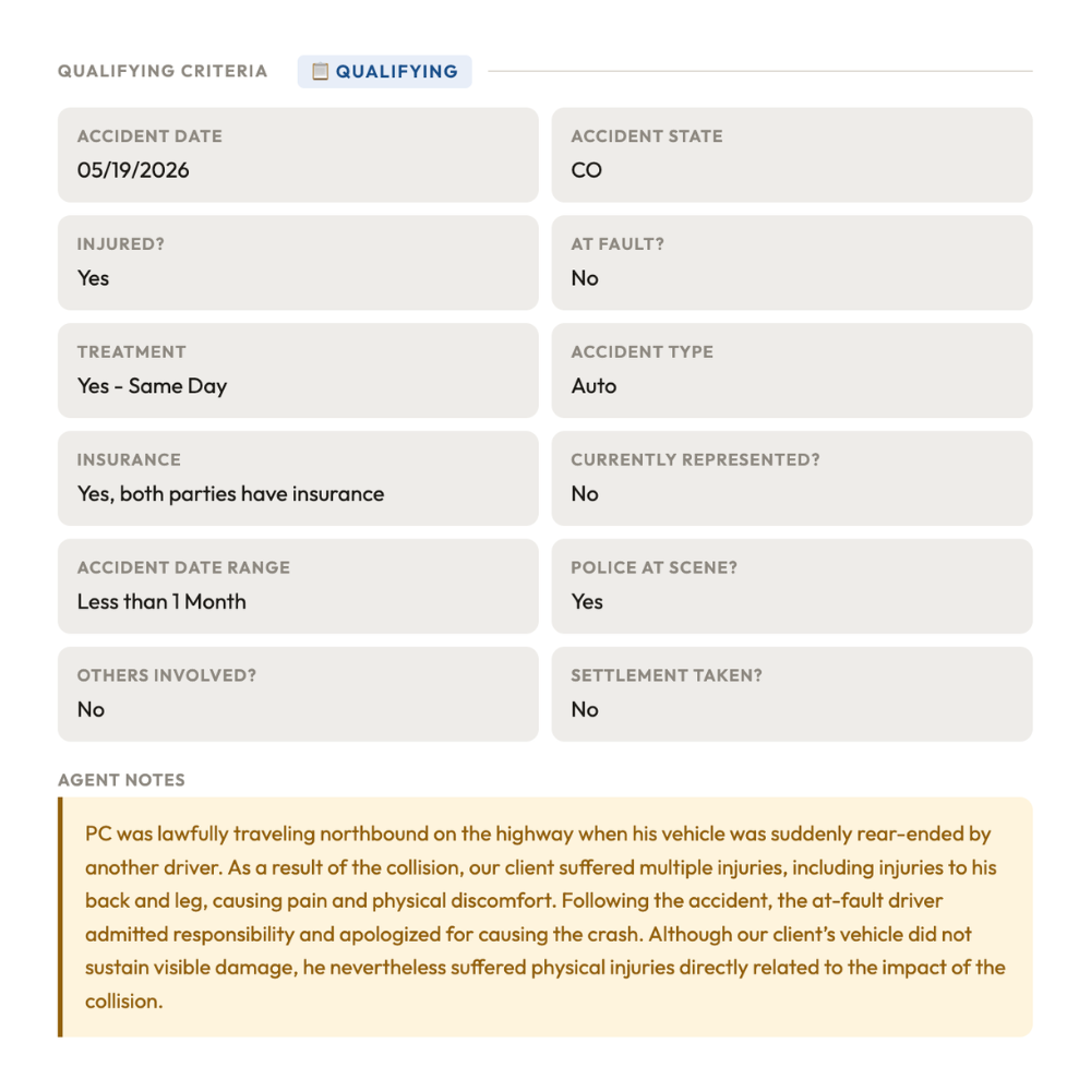 Qualifying criteria for rear-end collision case
