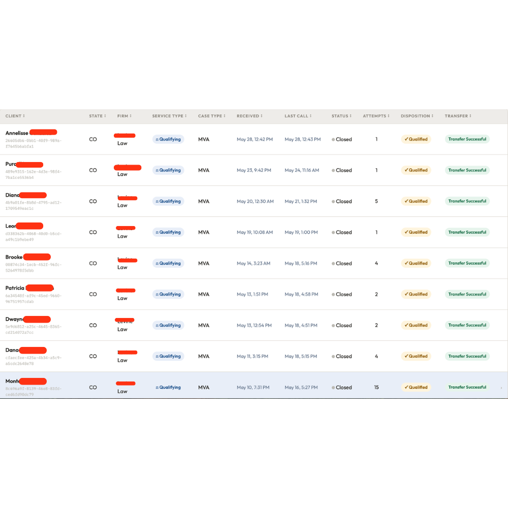 CRM table of nine MVA leads marked qualified and transfer successful
