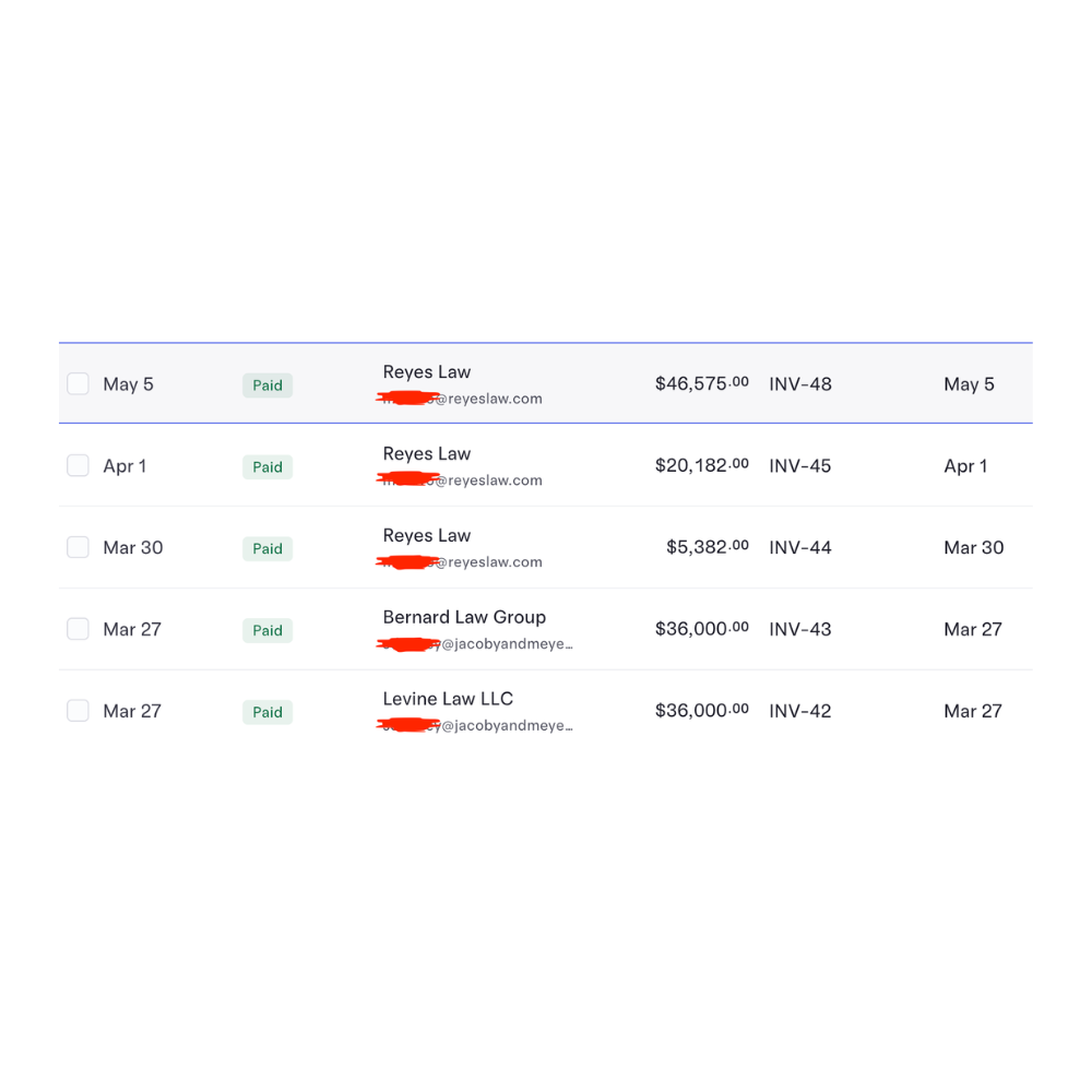 Invoice ledger showing five paid retainer invoices