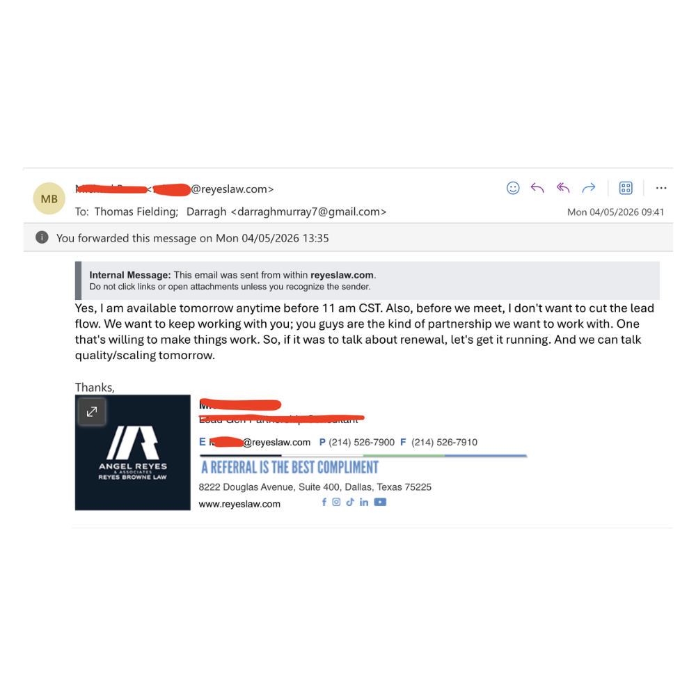 Forwarded email from Reyes Law about renewing lead flow